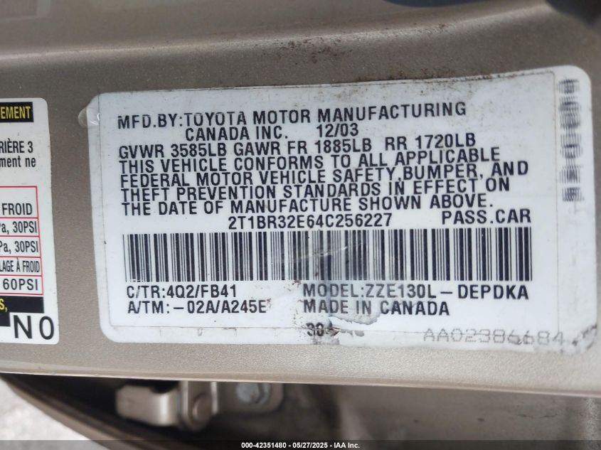 2004 Toyota Corolla Ce/Le/S VIN: 2T1BR32E64C256227 Lot: 42351480