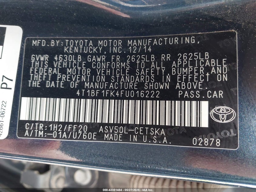 2015 TOYOTA CAMRY VIN: 4T1BF1FK4FU016222