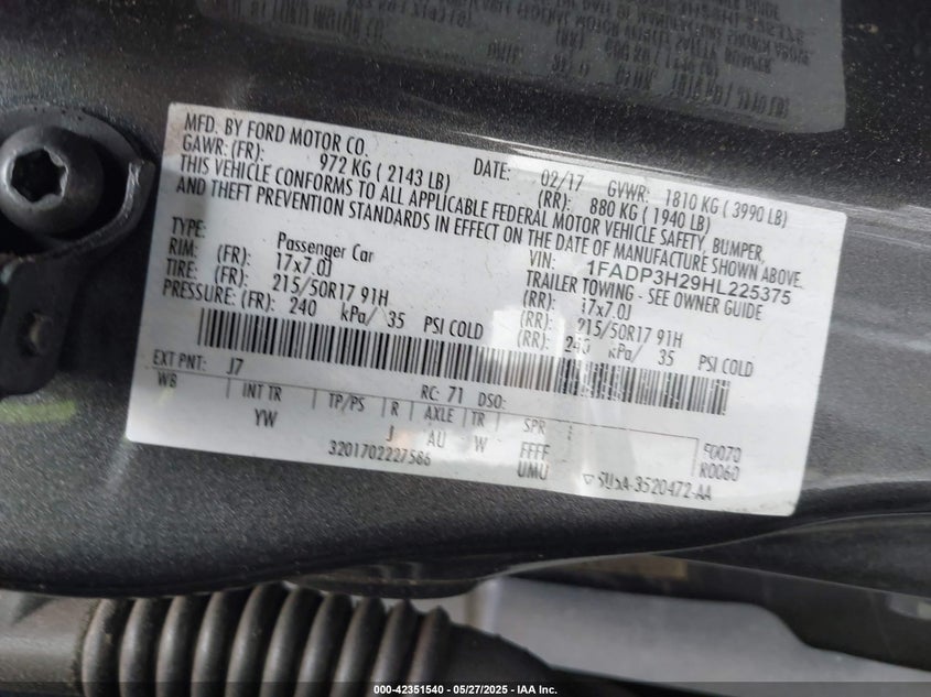 2017 FORD FOCUS VIN: 1FADP3H29HL225375