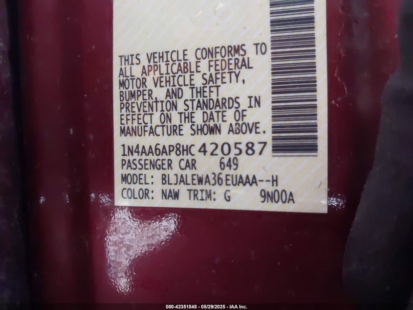 VIN 1N4AA6AP8HC420587 2017 NISSAN MAXIMA 3.5 SL