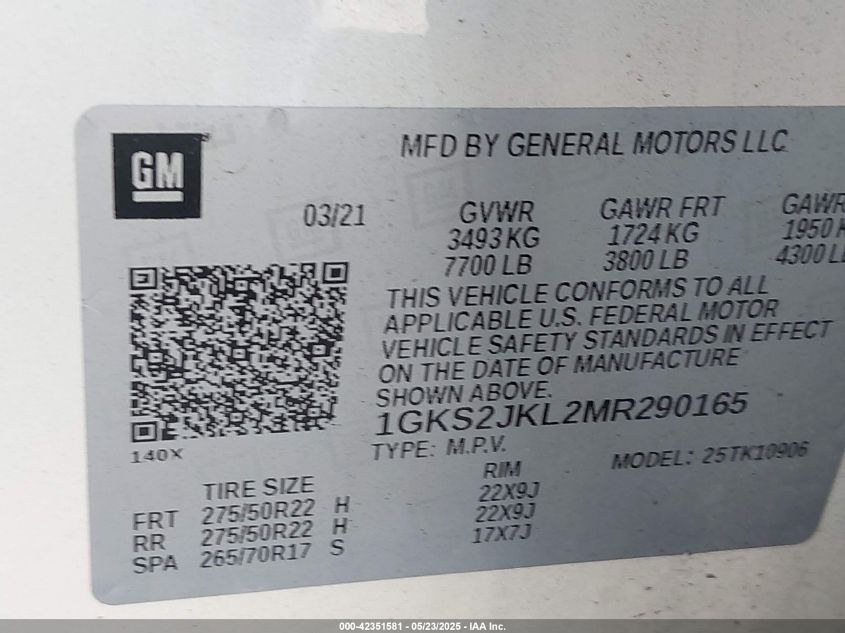 2021 GMC Yukon XL - 1GKS2JKL2MR290165