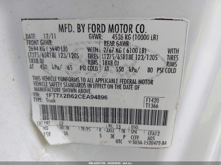 2012 Ford F250 Super Duty VIN: 1FT7X2B62CEA94896 Lot: 42351705