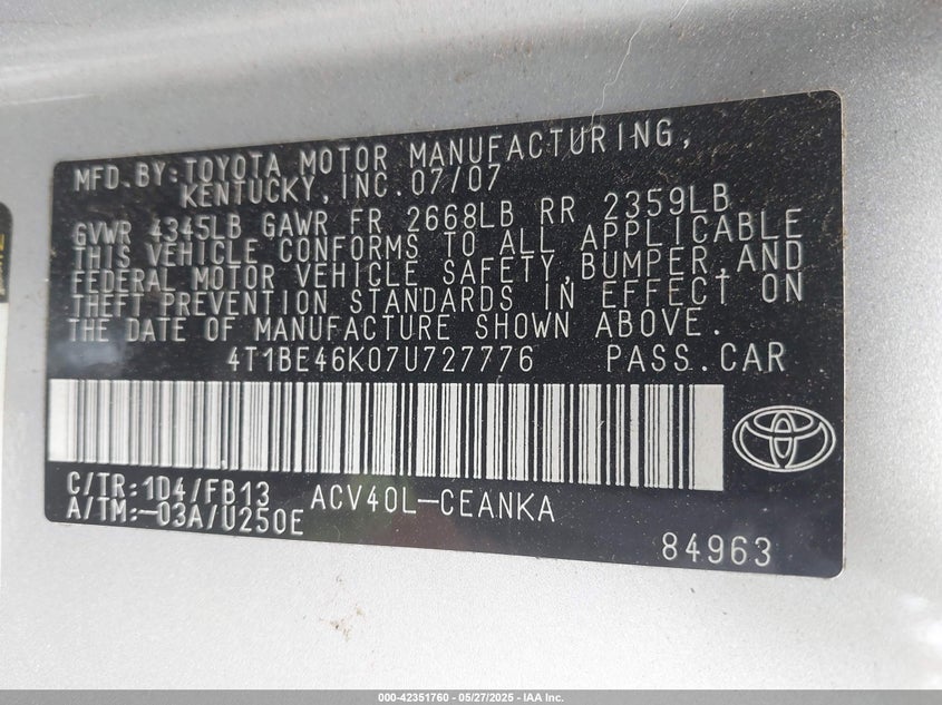 2007 TOYOTA CAMRY VIN: 4T1BE46K07U727776