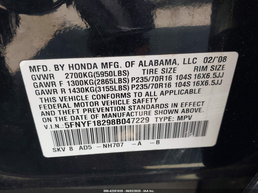 2008 HONDA PILOT VIN: 5FNYF18298B047229