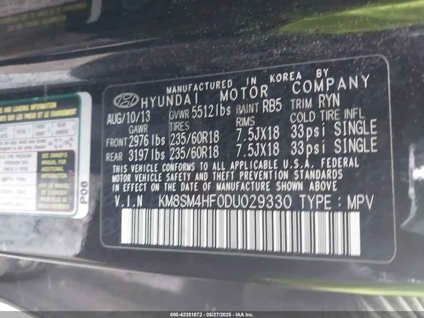 2013 HYUNDAI SANTA FE VIN: KM8SM4HF0DU029330