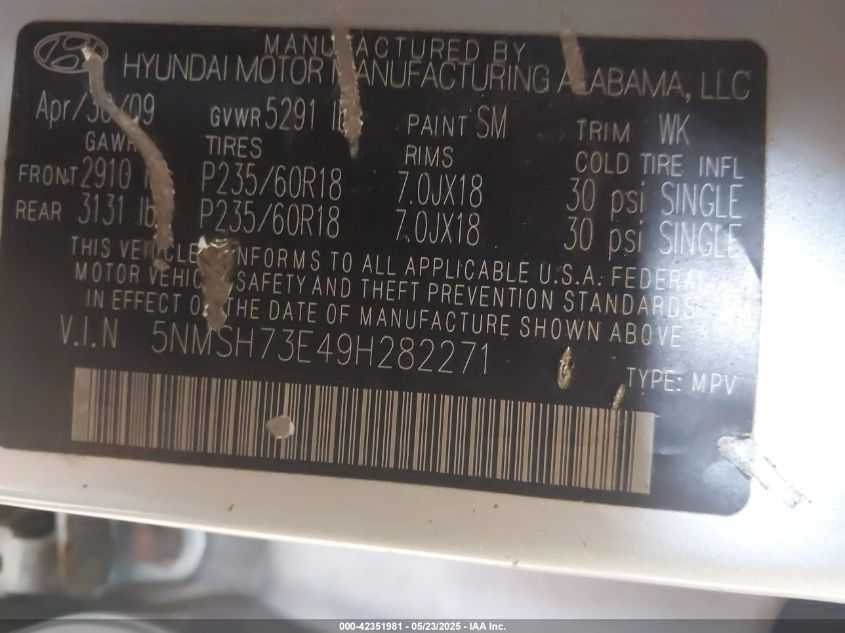 2009 Hyundai Santa Fe Se/Limited VIN: 5NMSH73E49H282271 Lot: 42351981