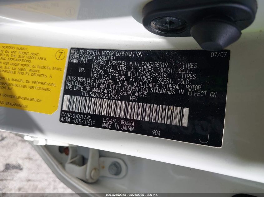 2008 Toyota Highlander Limited VIN: JTEES42A782D12963 Lot: 42352024