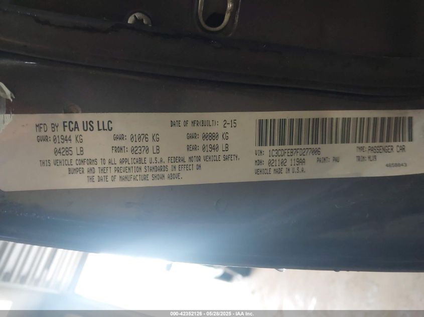 2015 Dodge Dart Gt VIN: 1C3CDFEB7FD277006 Lot: 42352126