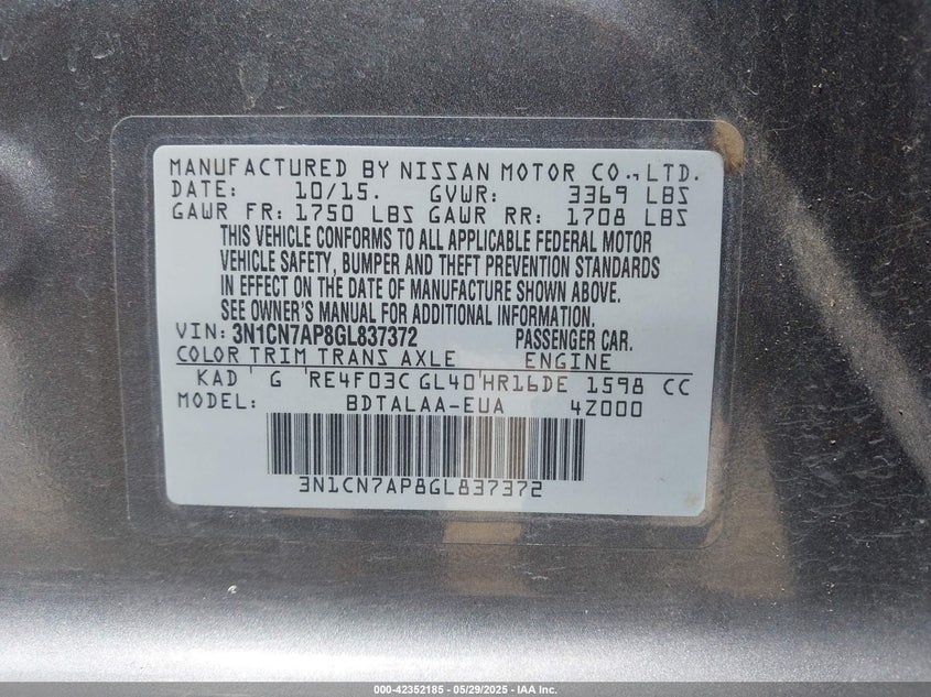 2016 NISSAN VERSA 1.6 S - 3N1CN7AP8GL837372