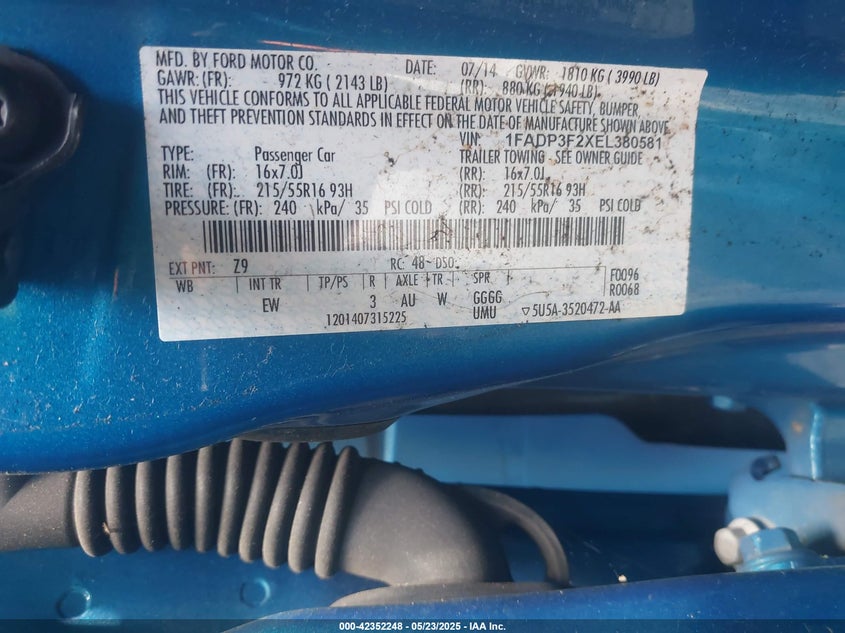 2014 FORD FOCUS VIN: 1FADP3F2XEL380581