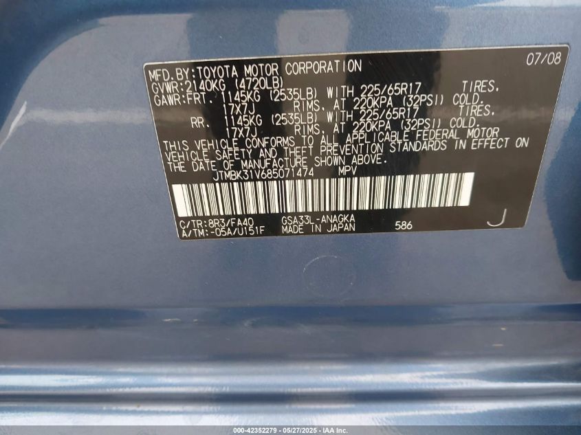 2008 Toyota Rav4 Limited V6 VIN: JTMBK31V685071474 Lot: 42352279