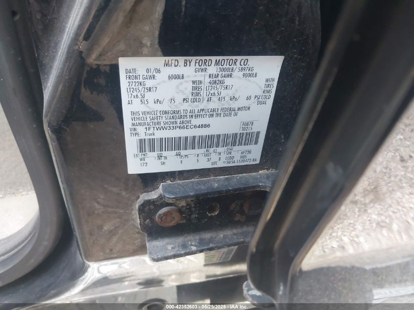 2006 Ford F-350 Lariat/Xl/Xlt VIN: 1FTWW33P66EC64886 Lot: 42352603
