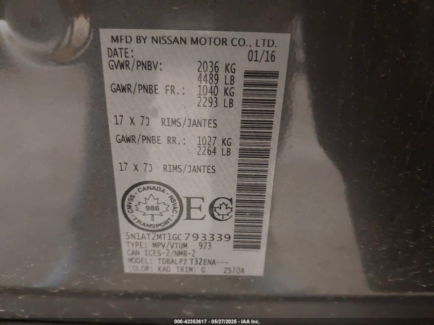 2016 NISSAN ROGUE S/SL/SV - 5N1AT2MT1GC793339