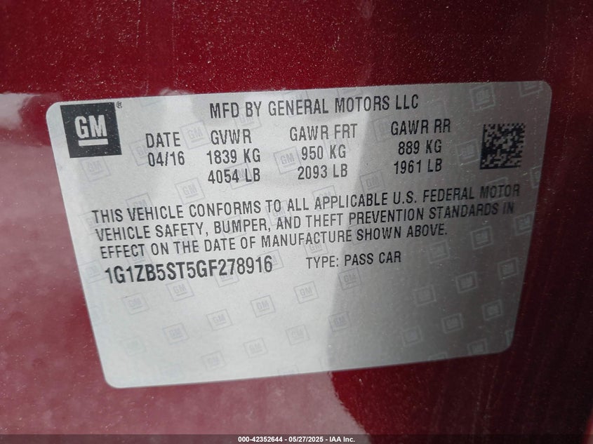 2016 CHEVROLET MALIBU VIN: 1G1ZB5ST5GF278916
