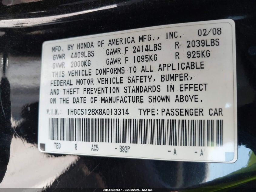 2008 HONDA ACCORD VIN: 1HGCS128X8A013314