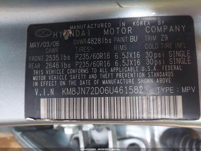 2006 Hyundai Tucson Gls/Limited VIN: KM8JN72D06U46158 Lot: 42352665