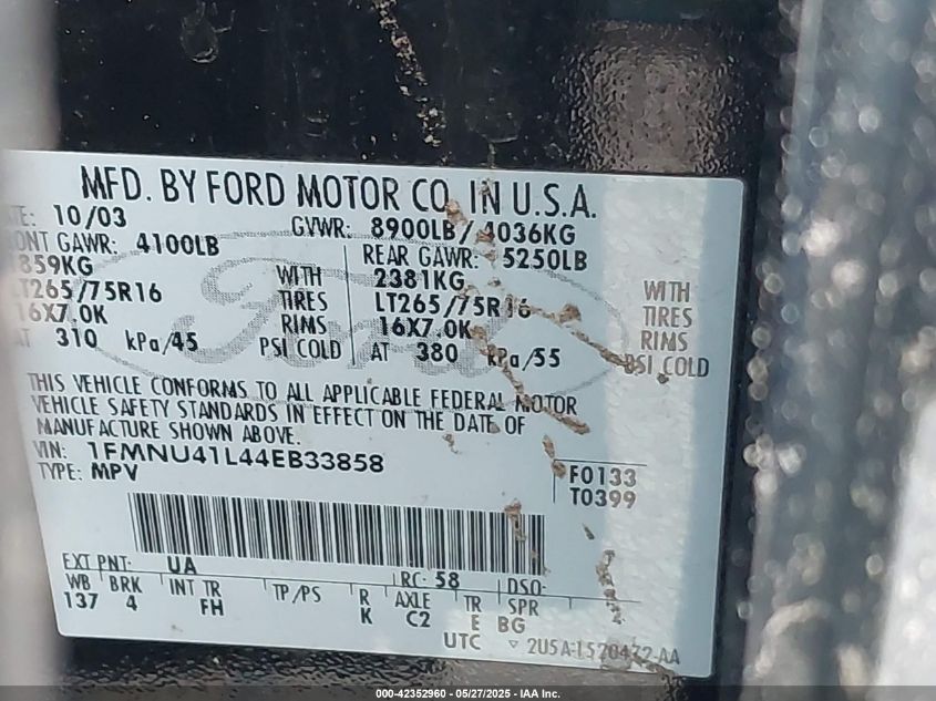 2004 Ford Excursion Xls/Xlt VIN: 1FMNU41L44EB33858 Lot: 42352960