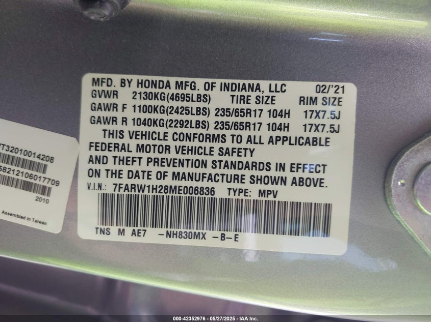 VIN 7FARW1H28ME006836 2021 HONDA CR-V 2WD LX
