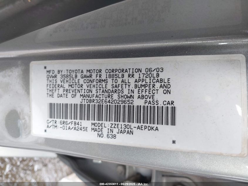 2004 Toyota Corolla Ce/Le VIN: JTDBR32E642029652 Lot: 42353011