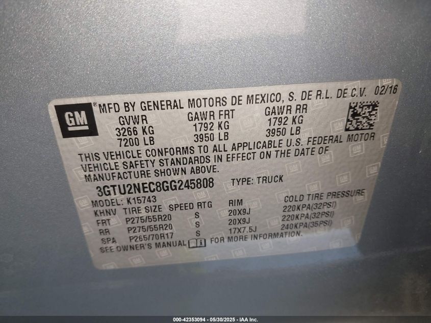2016 GMC Sierra K1500 Slt VIN: 3GTU2NEC8GG245808 Lot: 42353094
