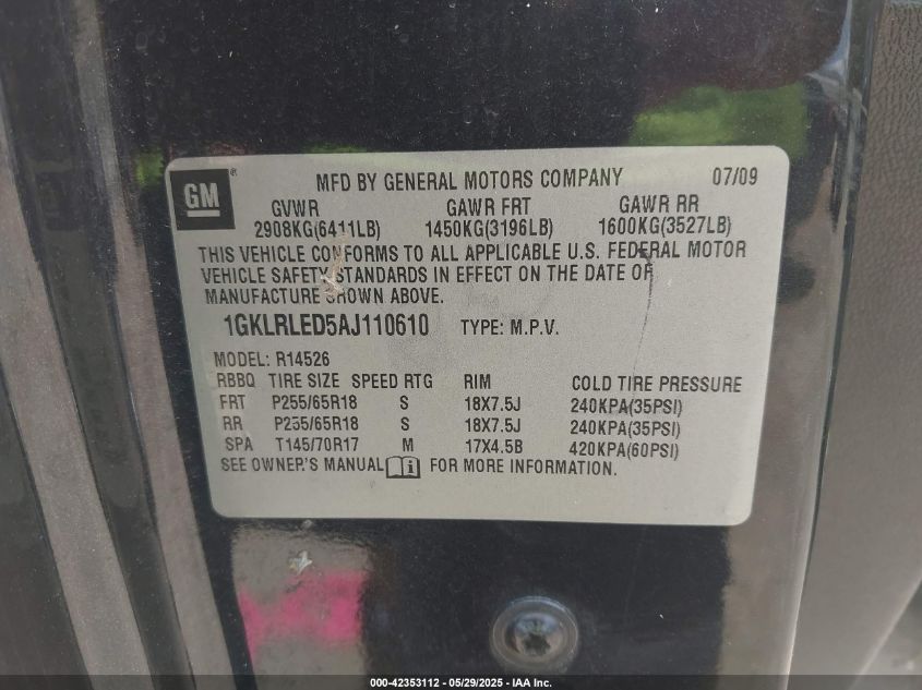 2010 GMC Arcadia VIN: IGKLRLED5AJ110610 Lot: 42353112