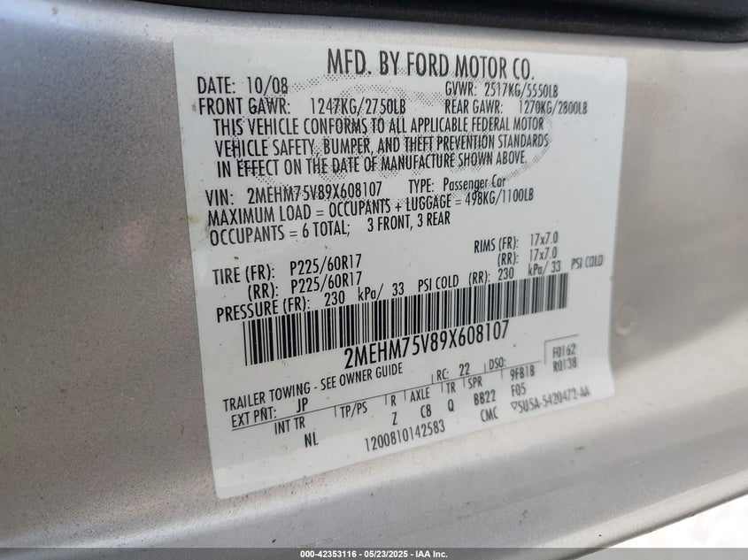 2009 MERCURY GRAND MARQUIS VIN: 2MEHM75V89X608107