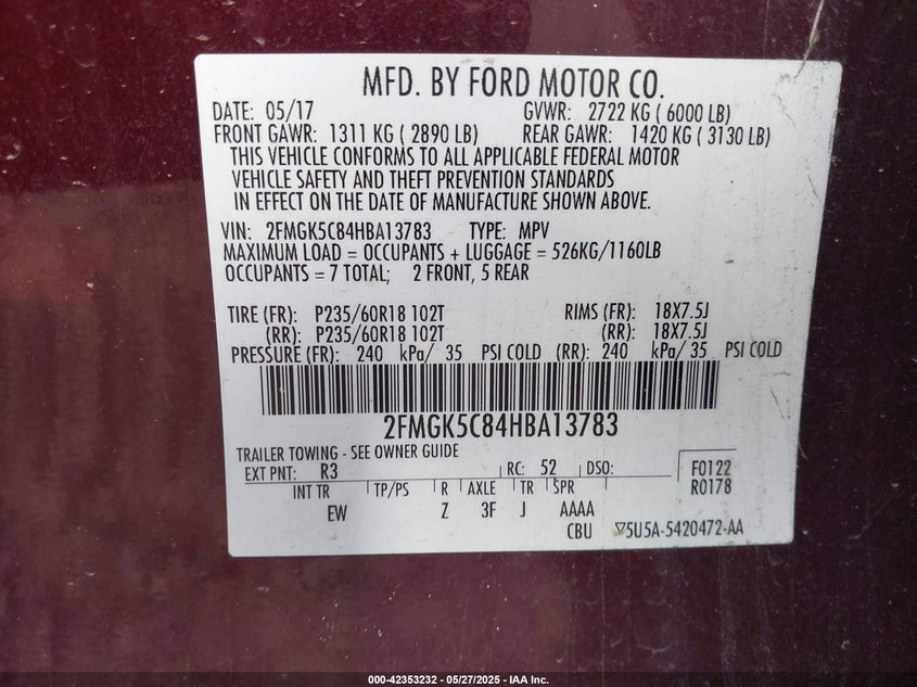 2017 FORD FLEX VIN: 2FMGK5C84HBA13783