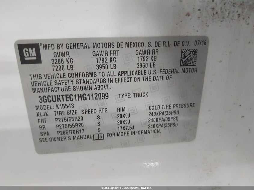 2017 CHEVROLET SILVERADO VIN: 3GCUKTEC1HG112099