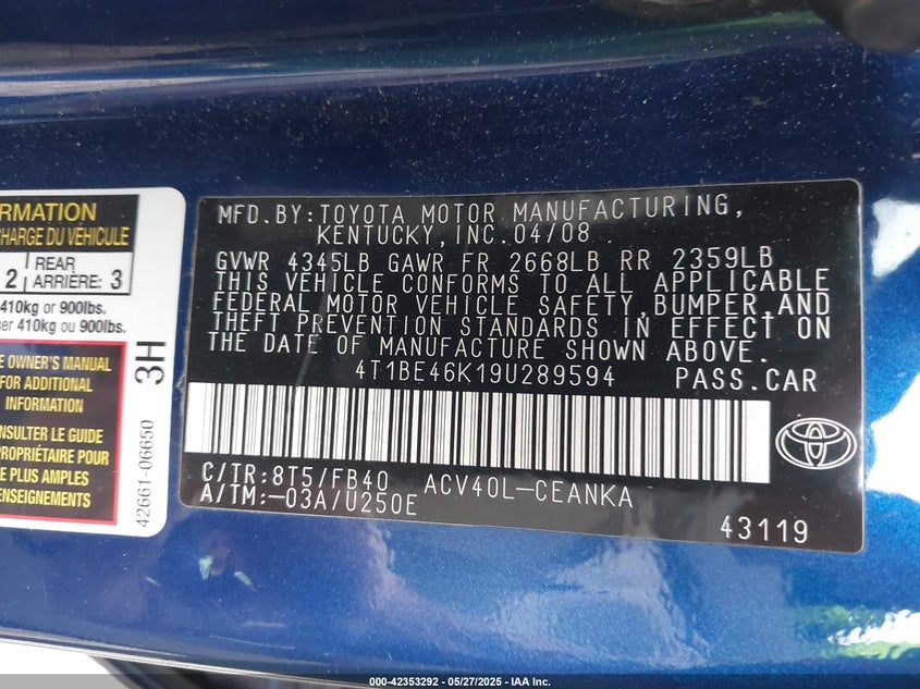 2009 TOYOTA CAMRY VIN: 4T1BE46K19U289594