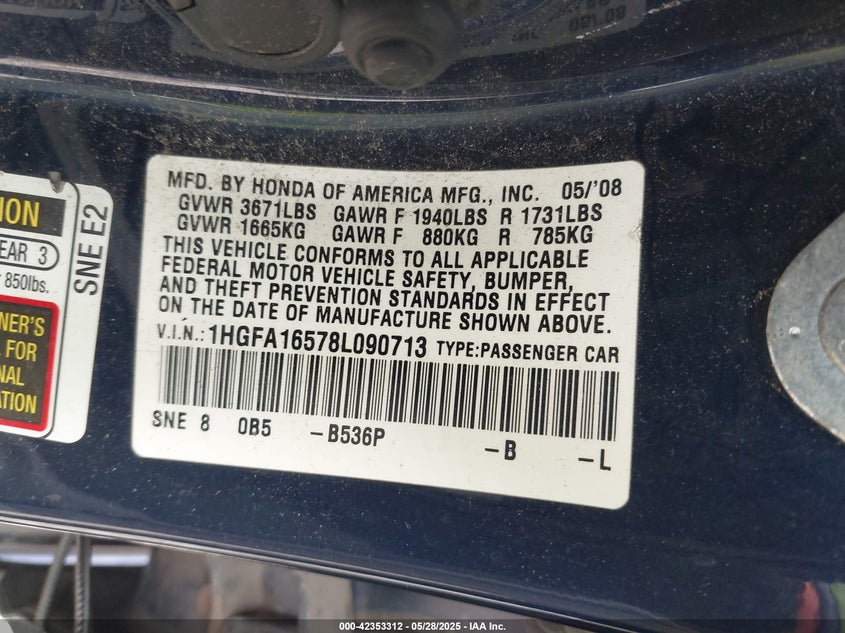 2008 Honda Civic Lx VIN: 1HGFA16578L090713 Lot: 42353312