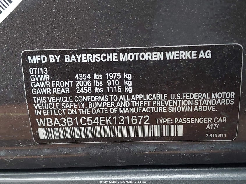 2014 BMW 320I VIN: WBA3B1C54EK131672