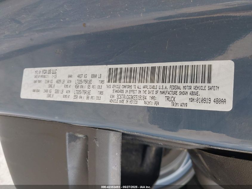 2019 Ram Promaster 2500 High Roof 159 Wb VIN: 3C6TRVDG3KE519164 Lot: 42353493