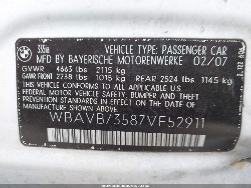 2007 BMW 335I VIN: WBAVB73587VF52911 Lot: 42353638