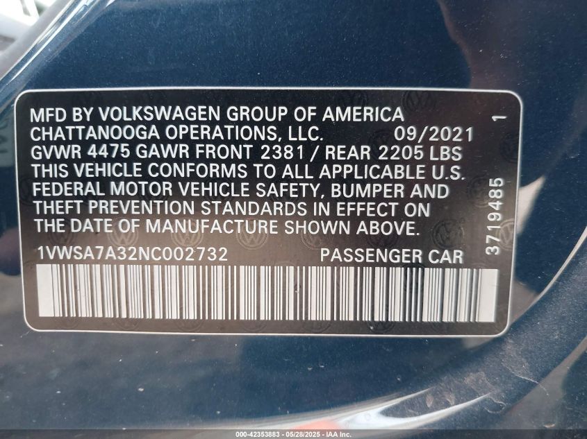 2022 Volkswagen Passat 2.0T Se VIN: 1VWSA7A32NC002732 Lot: 42353883