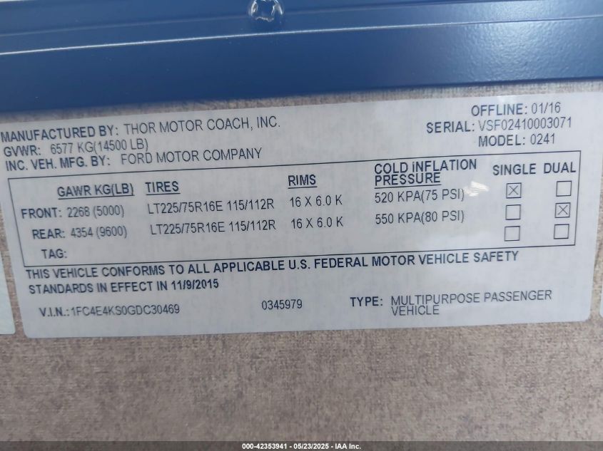 2016 Ford E-450 Stripped VIN: 1FC4E4KS0GDC30469 Lot: 42353941