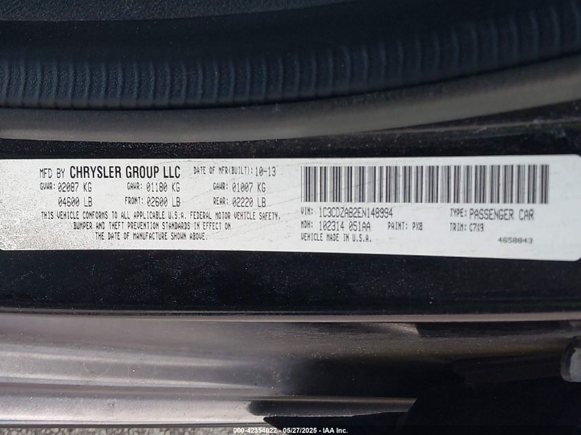 2014 Dodge Avenger Se VIN: 1C3CDZAB2EN148994 Lot: 42354022