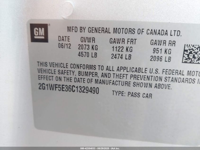 2012 Chevrolet Impala Ls VIN: 2G1WF5E36C1329490 Lot: 42354033