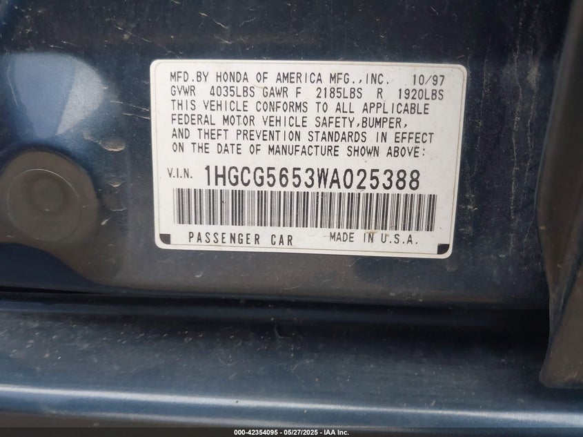 1998 Honda Accord Ex VIN: 1HGCG5653WA025388 Lot: 42354095