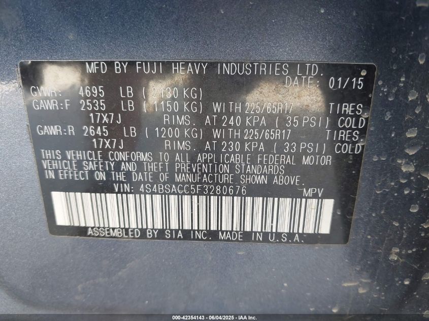 2015 Subaru Outback 2.5I Premium VIN: 4S4BSACC5F3280676 Lot: 42354143
