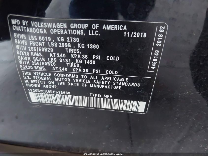 2019 Volkswagen Atlas 3.6L V6 Se W/Technology VIN: 1V2UR2CA0KC513689 Lot: 42354197