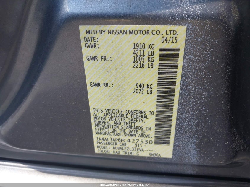 2015 NISSAN ALTIMA VIN: 1N4AL3AP6FC427530