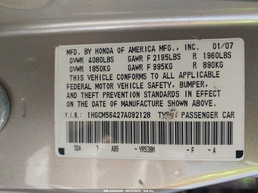 2007 HONDA ACCORD VIN: 1HGCM56427A092128