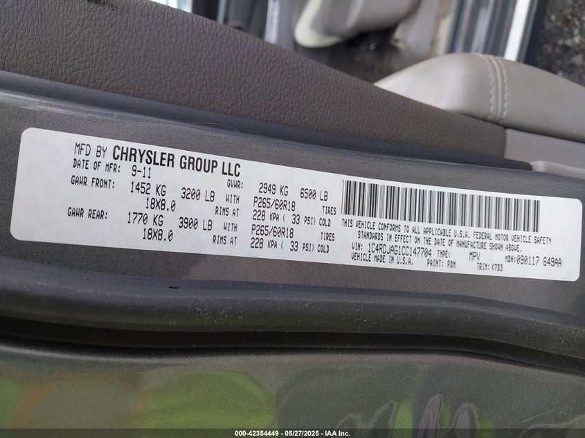 2012 DODGE DURANGO VIN: 1C4RDJAG1CC147704