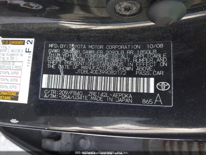 2009 Toyota Corolla Le VIN: JTDBL40E399082172 Lot: 42354511