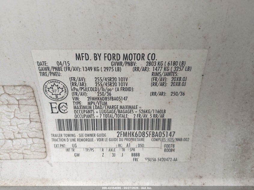 2015 FORD FLEX VIN: 2FMHK6D85FBA05147