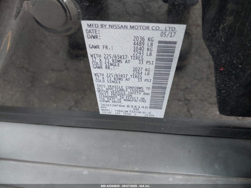 2017 NISSAN ROGUE VIN: 5N1AT2MT8HC834146