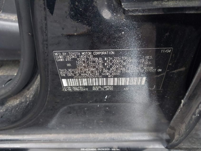 2005 Toyota Rav4 VIN: JTEGD20V750054764 Lot: 42354654