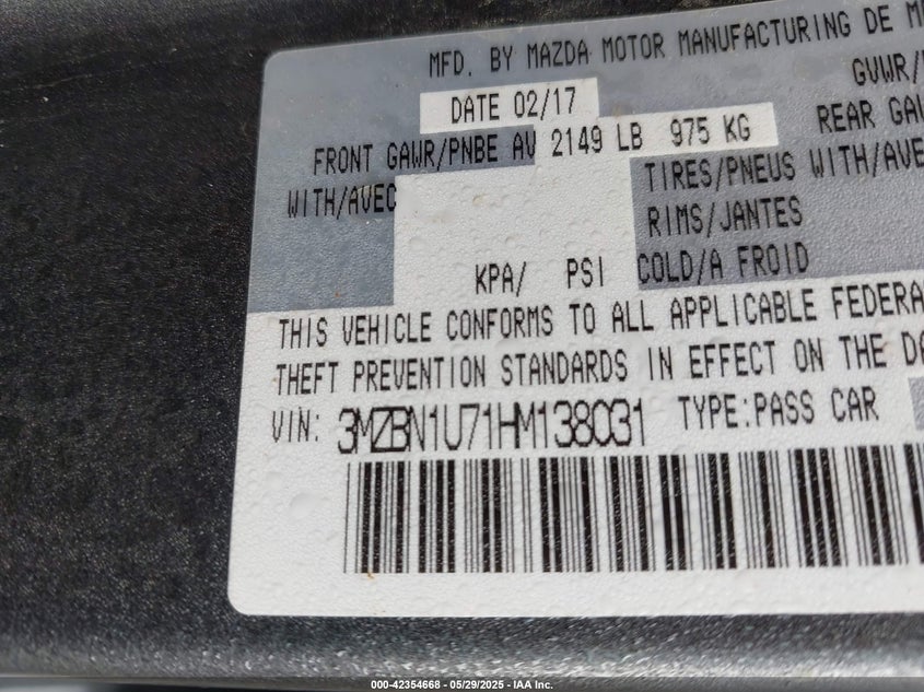 2017 MAZDA MAZDA3 SPORT - 3MZBN1U71HM138031