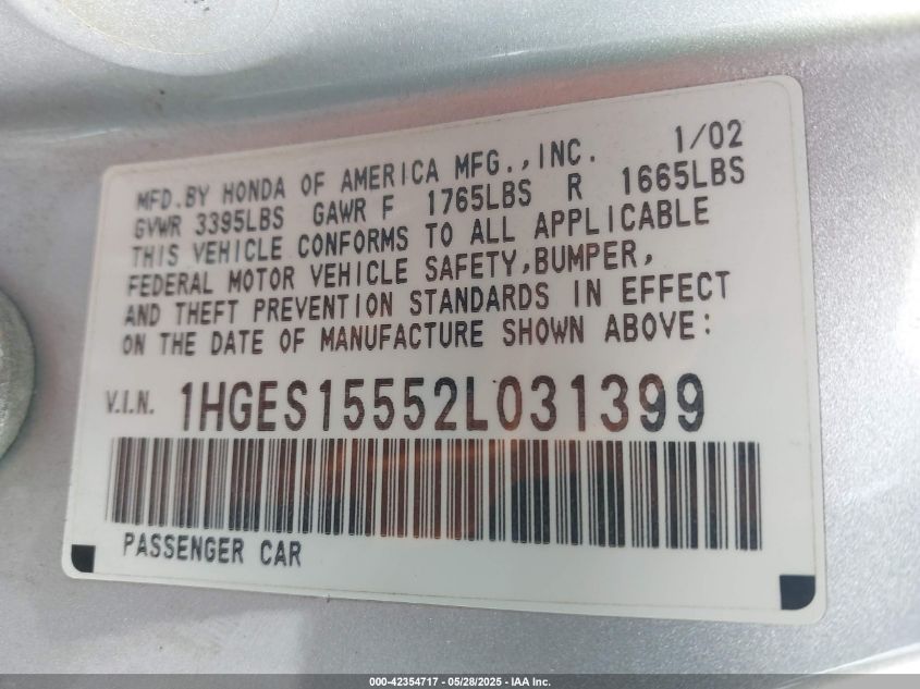 2002 Honda Civic VIN: 18GES15552L031399 Lot: 42354717