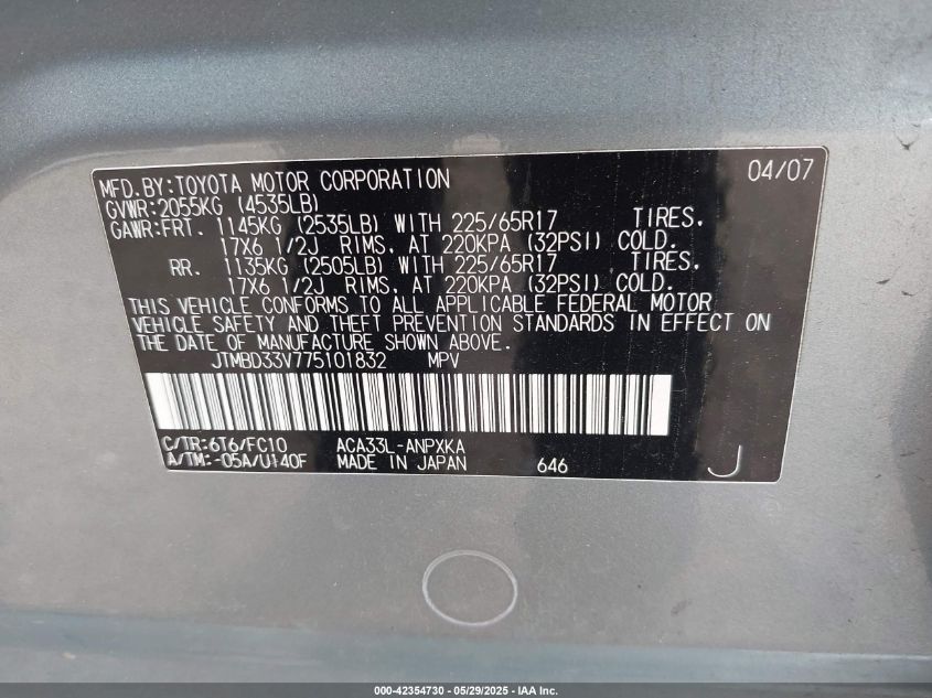 2007 Toyota Rav4 VIN: JTMBD33V775101832 Lot: 42354730